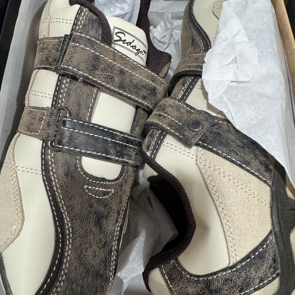 Brown and Cream Retro Sneakers with Velcro Straps